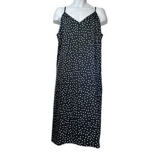 The Drop Ana Silky V-Neck Midi Slip Dress Black White Polka Dot Size XXL